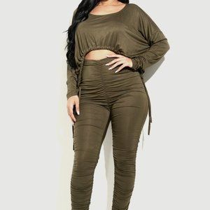 Solid Heavy Rayon Spandex LS Top and Ruched Pants